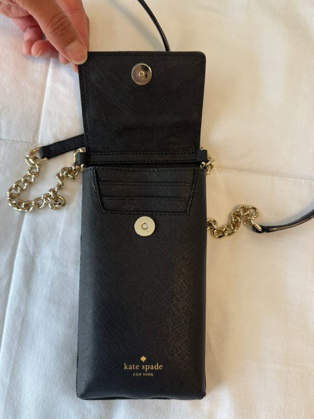 Kate Spade Black Cat Leather Crossbody Phone Bag with Chain-and-Leather Strap - Picture 2 of 12